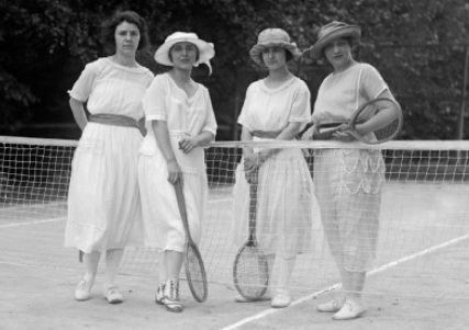 Vintage black and white photo of Womens Tennis Fashion in the 1920s