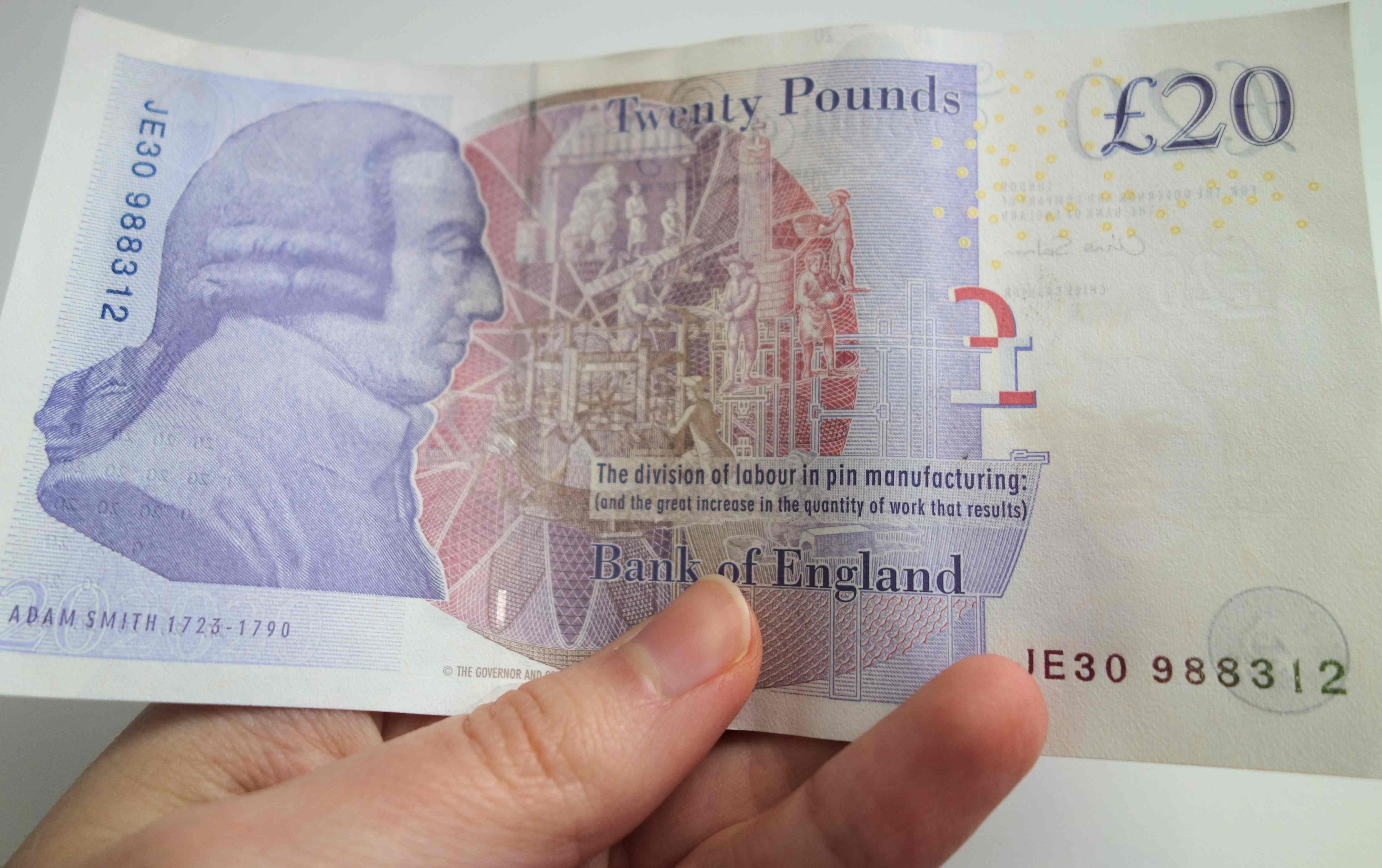 £20 pound note featuring Adam Smith UK banknotes - Twenty 20 pound bank note GBP featuring Adam Smith father of economy